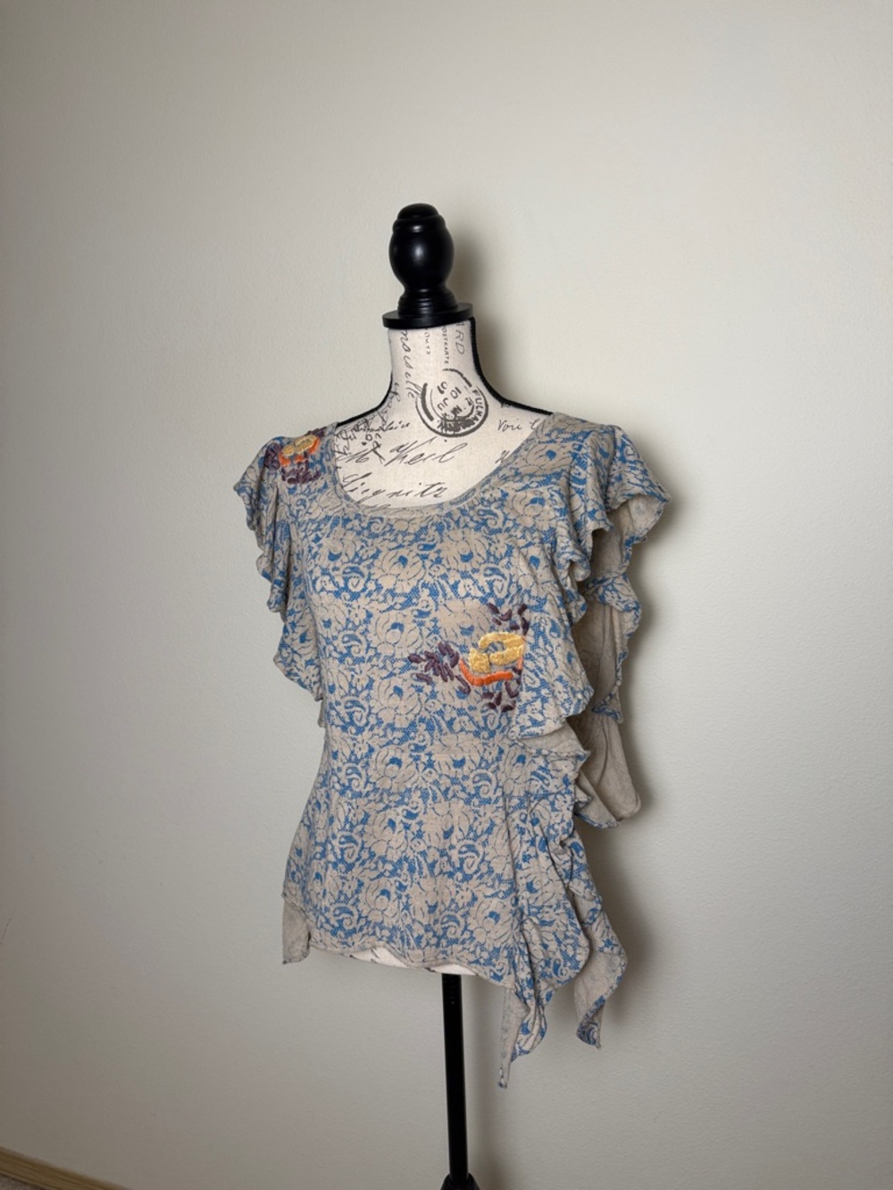 Moth Blue Floral Flutter Sleeveless Blouse/Vest with Embroidered Accents